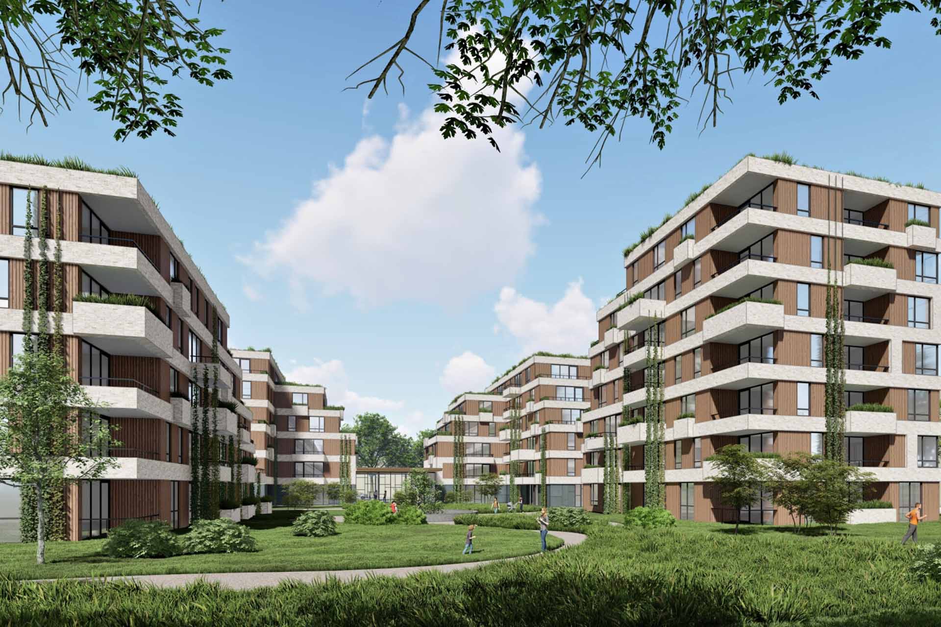 3D tekening van een nieuwbouw project met 130 appartementen