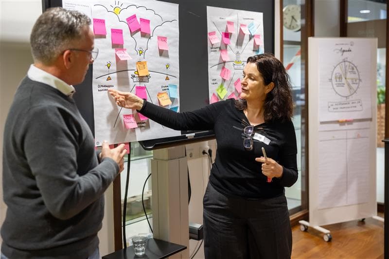 Marleen Janssen Groesbeek staat voor een bord met post its
