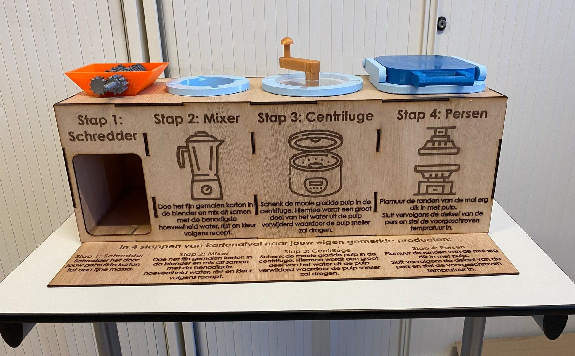 Prototype waarmee karton wordt omgezet in pulp, om er daarna een nieuw product van te persen.