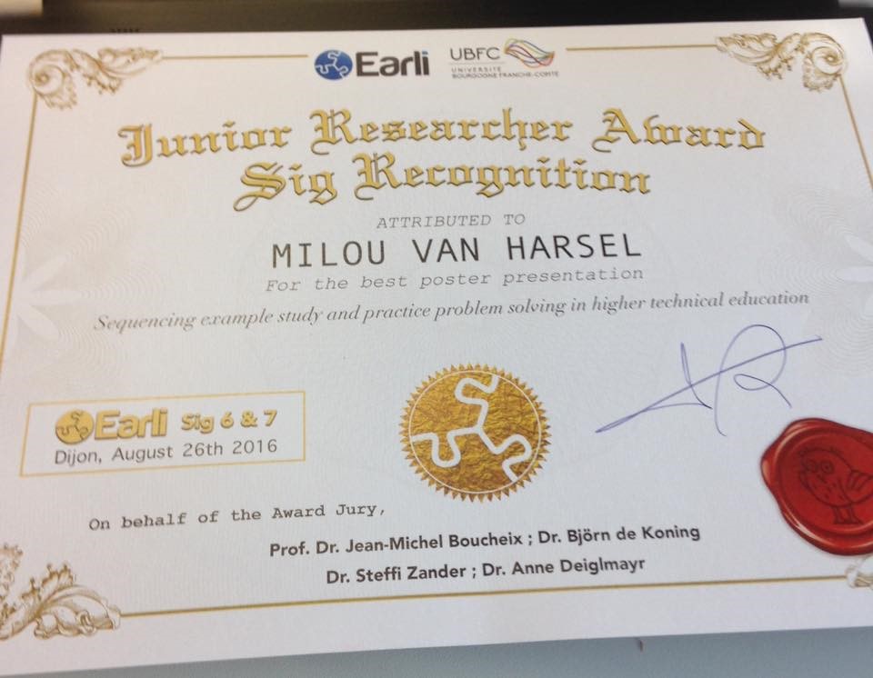 milou van harsel junior research award certificaat
